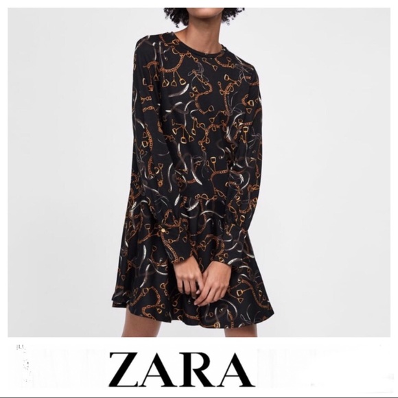 Zara Dresses & Skirts - ZARA Black Chain Print Ruffled Mini Dress Sz L